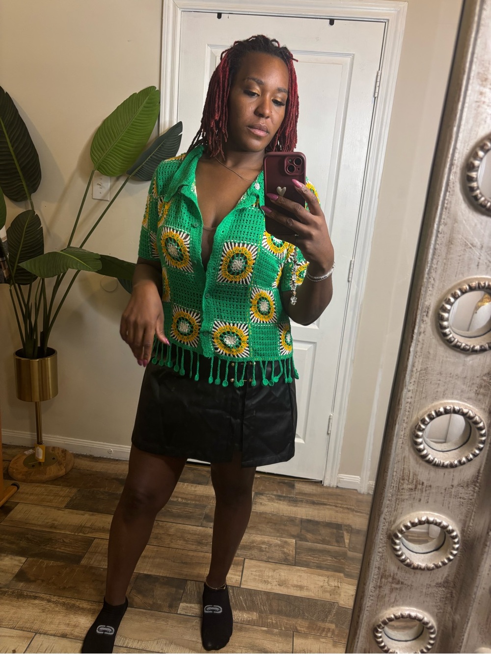 Green Crochet Sunflower Button-Up Top - Women's